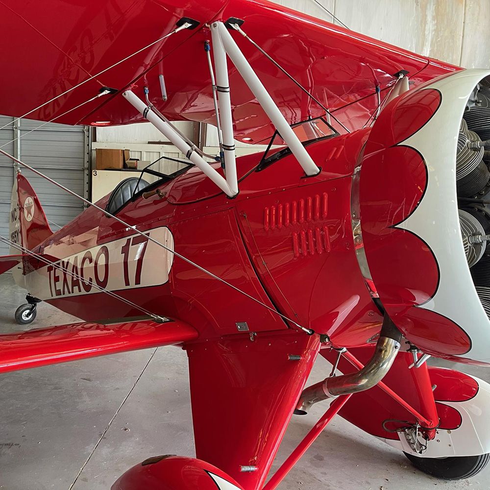 close up of red and white waco plane, Texaco 17