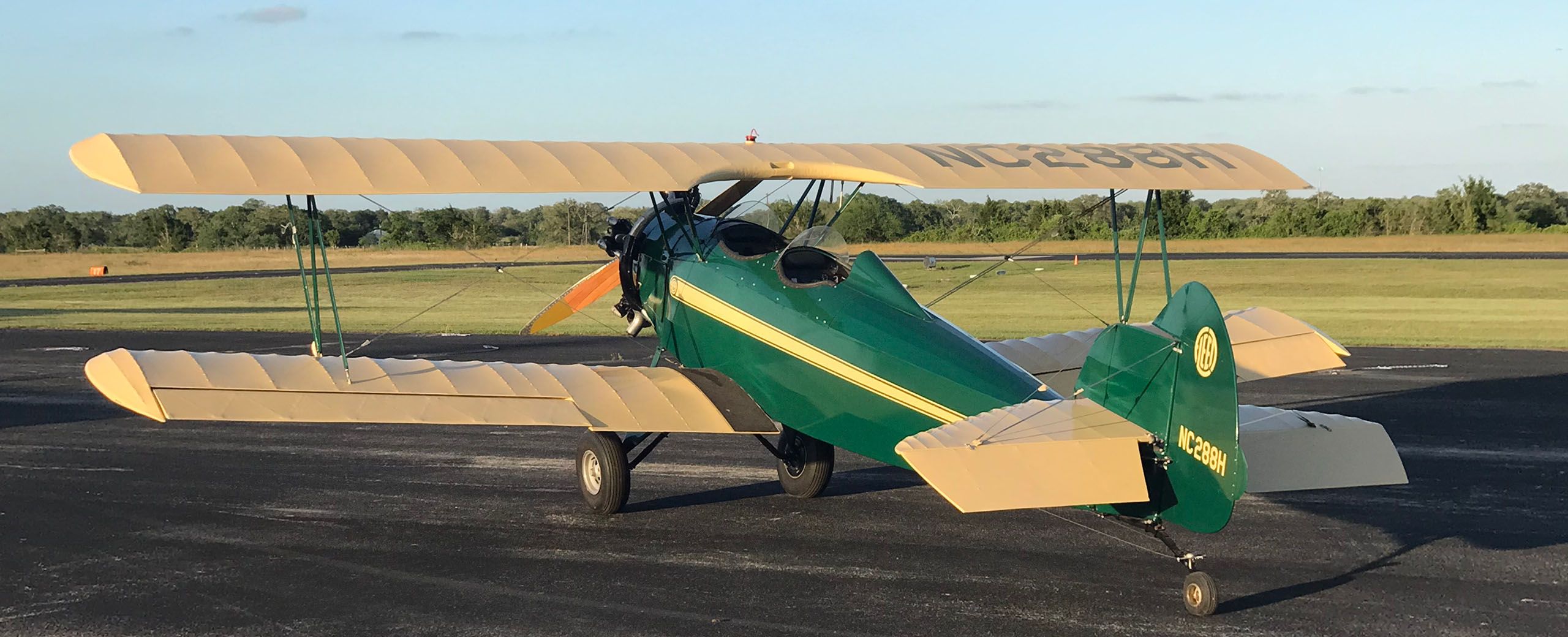 green biplane with tan wings and stripe facing away from the camera in a 3/4 view